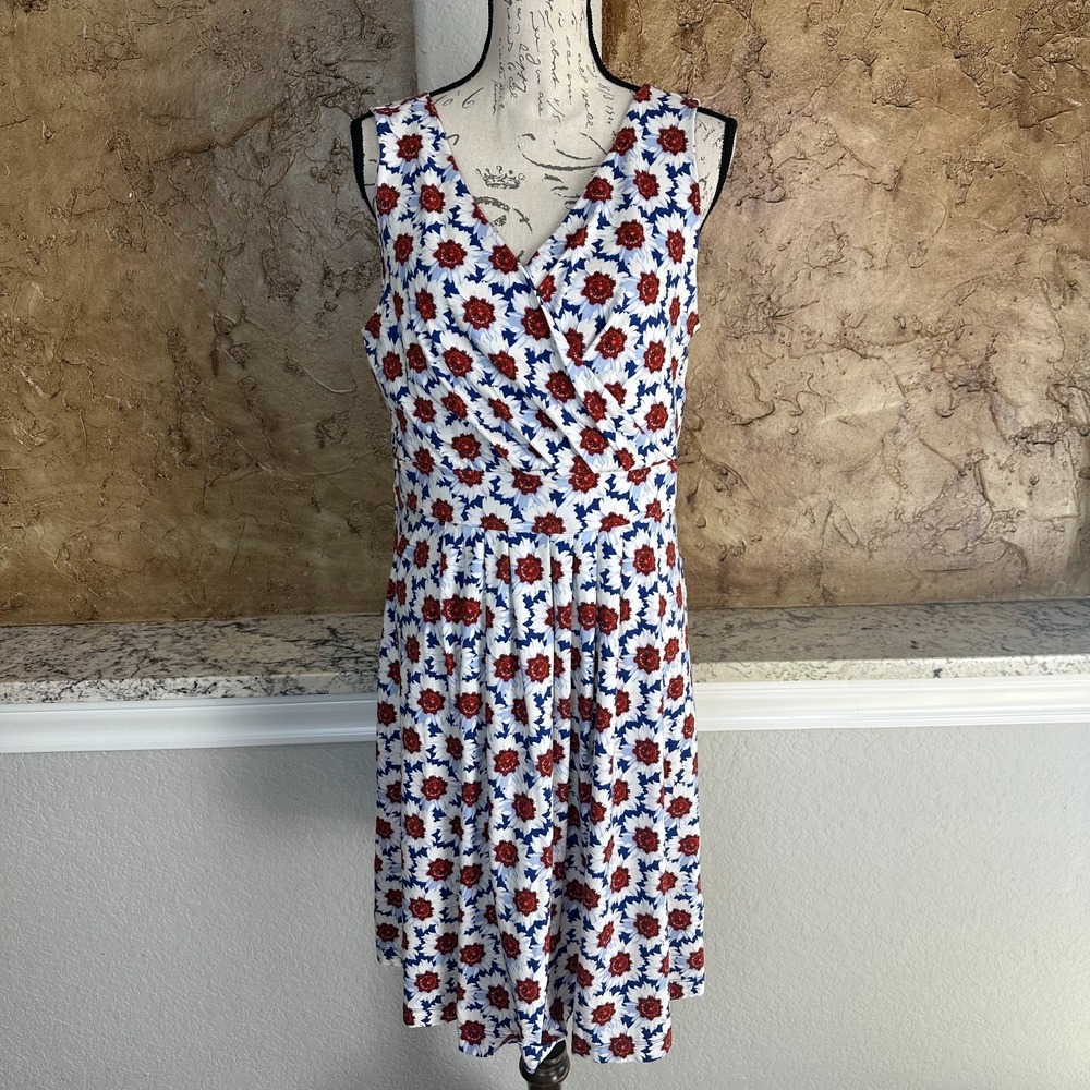 Lands' End Sleeveless Midi Dress Women Large‎ Floral Red Blue White Wrap Stretch